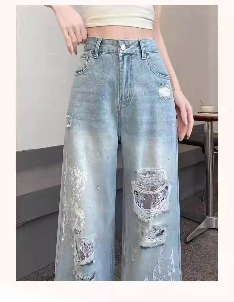 Women's Distressed Lace Wide-leg Jeans