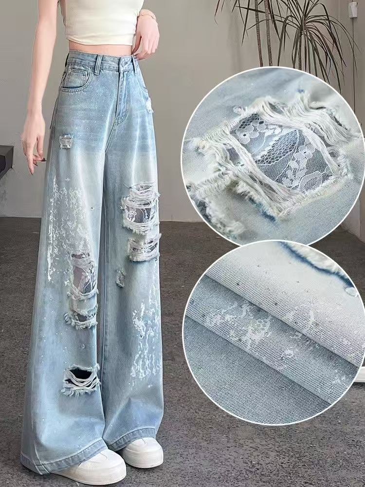 Women's Distressed Lace Wide-leg Jeans