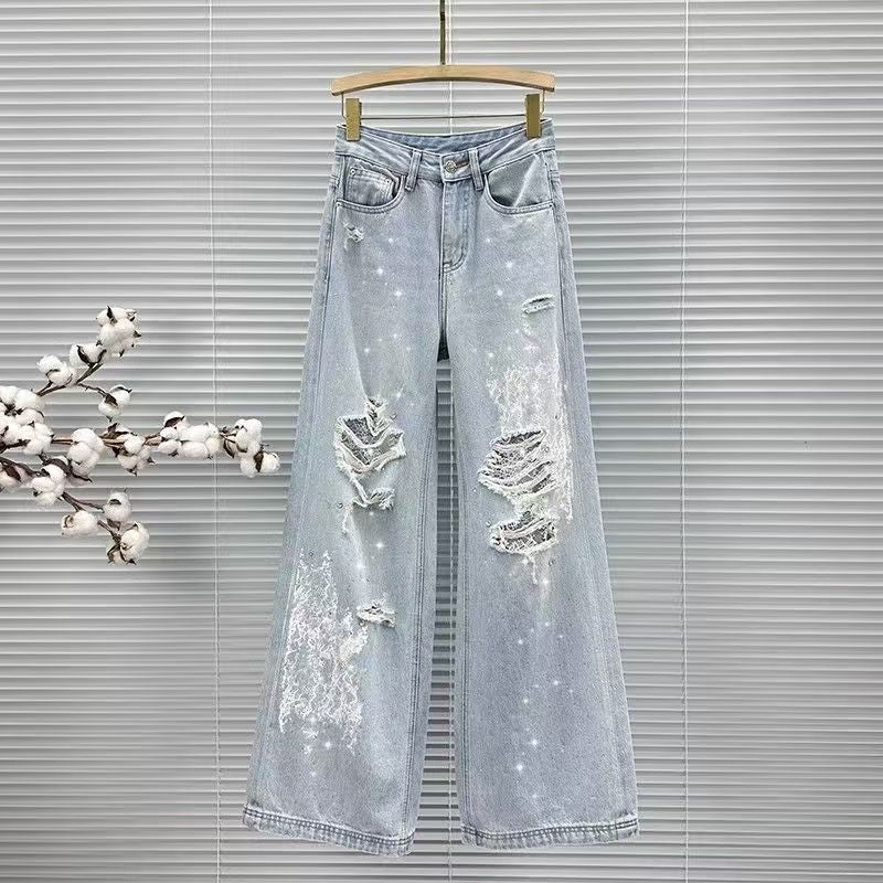 Women's Distressed Lace Wide-leg Jeans