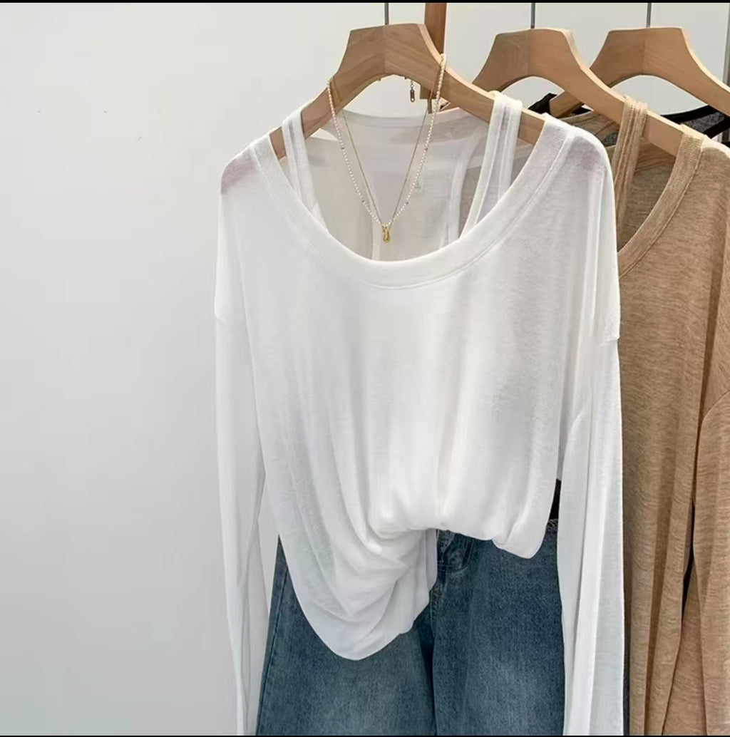 slouchy long-sleeved vest with a fake two-piece design